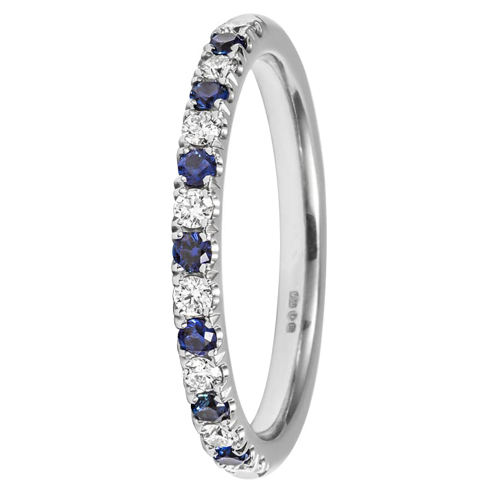 Blue Sapphire and Diamond Castle Set 18ct White Gold Half Eternity Ring