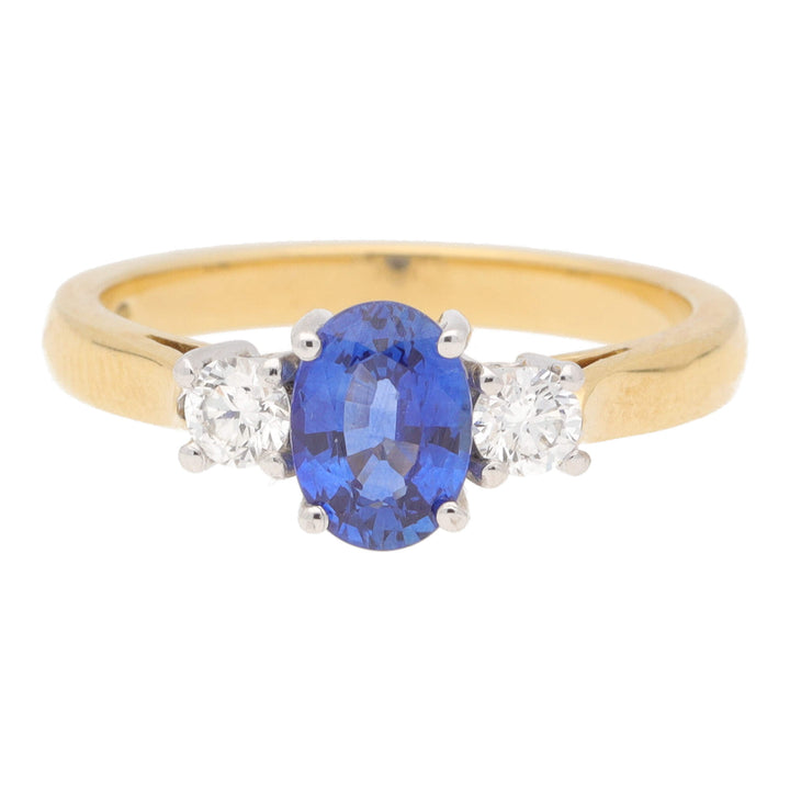 Blue Sapphire and Diamond 18ct Yellow and White Gold Three Stone Ring