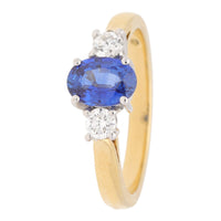 Blue Sapphire and Diamond 18ct Yellow and White Gold Three Stone Ring