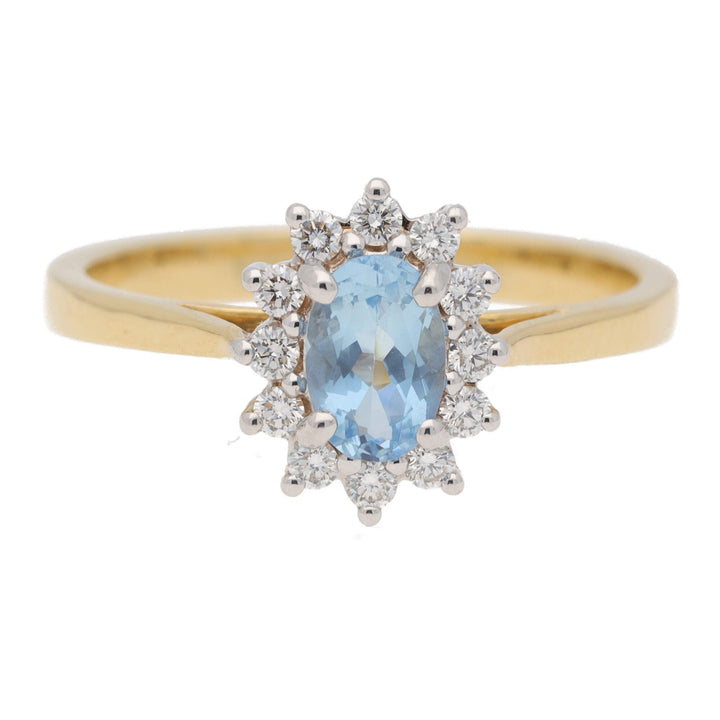 Aquamarine and Diamond Oval 18ct Yellow Gold Cluster Ring - Michael Jones Jeweller