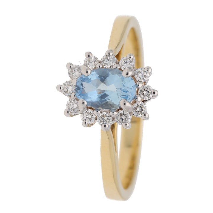Aquamarine and Diamond Oval 18ct Yellow Gold Cluster Ring - Michael Jones Jeweller