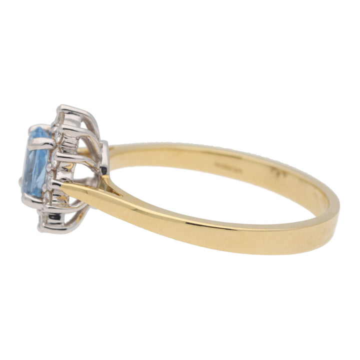 Aquamarine and Diamond Oval 18ct Yellow Gold Cluster Ring - Michael Jones Jeweller