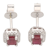 Ruby and Diamond Emerald Cut 18ct White Gold Cluster Earrings - Michael Jones Jeweller