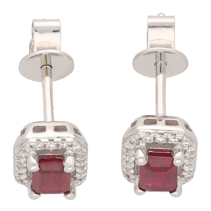Ruby and Diamond Emerald Cut 18ct White Gold Cluster Earrings - Michael Jones Jeweller