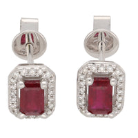 Ruby and Diamond Emerald Cut 18ct White Gold Cluster Earrings - Michael Jones Jeweller