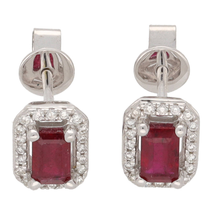 Ruby and Diamond Emerald Cut 18ct White Gold Cluster Earrings - Michael Jones Jeweller