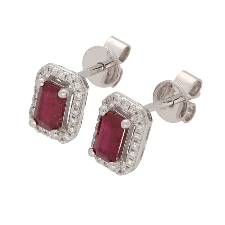Ruby and Diamond Emerald Cut 18ct White Gold Cluster Earrings - Michael Jones Jeweller
