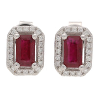 Ruby and Diamond Emerald Cut 18ct White Gold Cluster Earrings - Michael Jones Jeweller