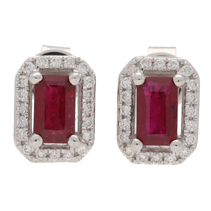 Ruby and Diamond Emerald Cut 18ct White Gold Cluster Earrings - Michael Jones Jeweller