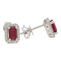 Ruby and Diamond Emerald Cut 18ct White Gold Cluster Earrings - Michael Jones Jeweller