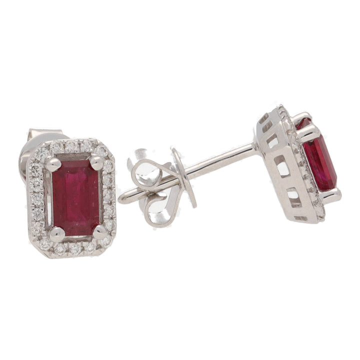 Ruby and Diamond Emerald Cut 18ct White Gold Cluster Earrings - Michael Jones Jeweller