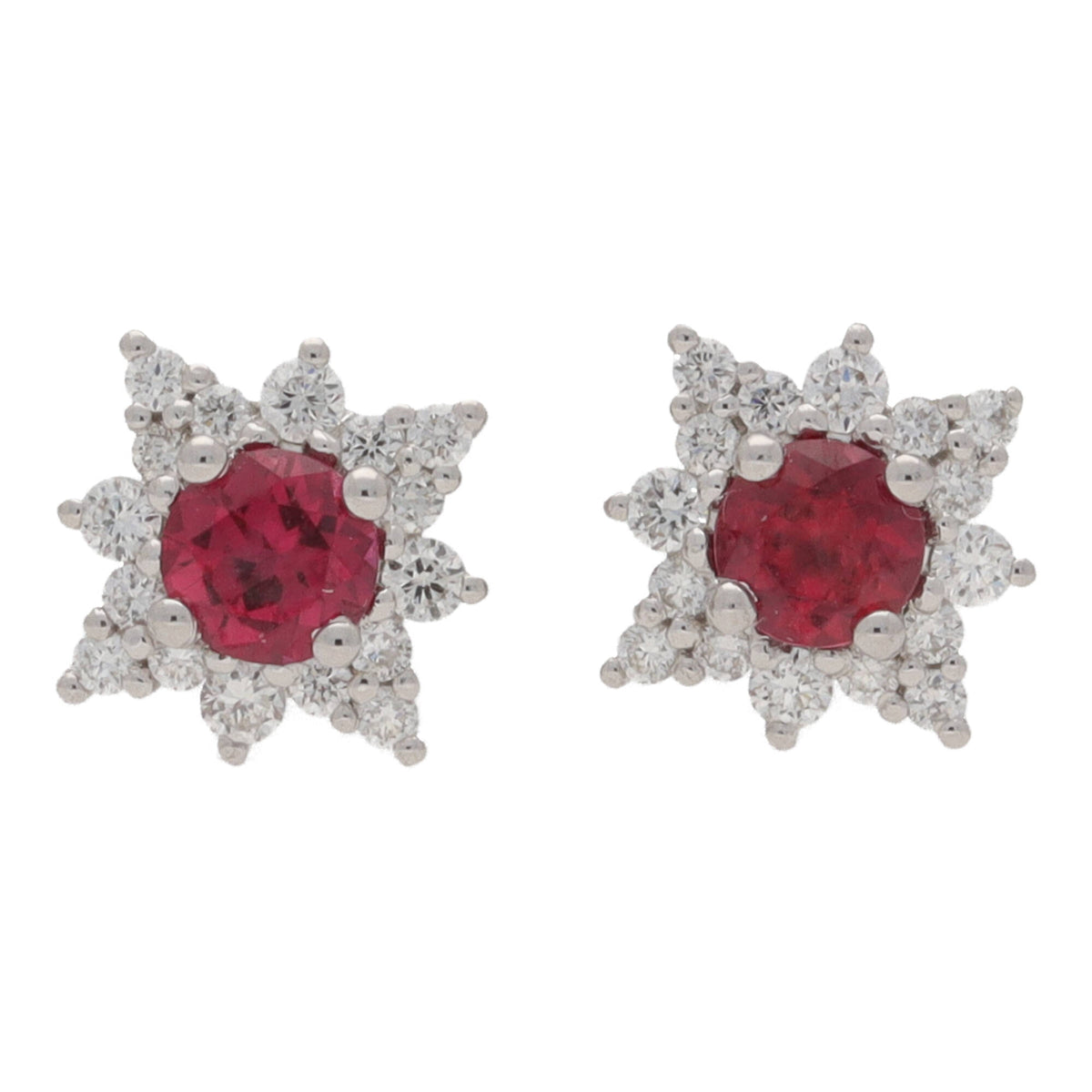 Ruby and Diamond 18ct White Gold Star Cluster Earrings - Michael Jones Jeweller