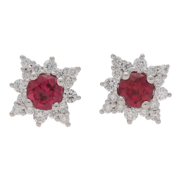 Ruby and Diamond 18ct White Gold Star Cluster Earrings - Michael Jones Jeweller