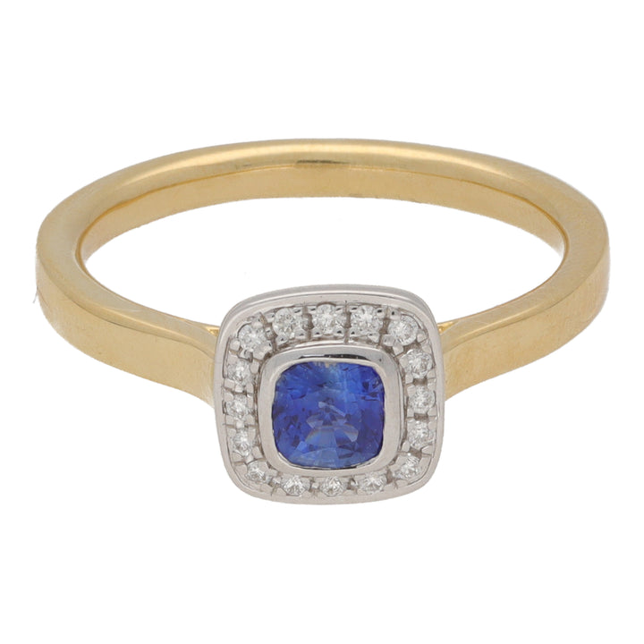 Sapphire and Diamond 18ct Yellow and White Gold Cushion Cluster Ring