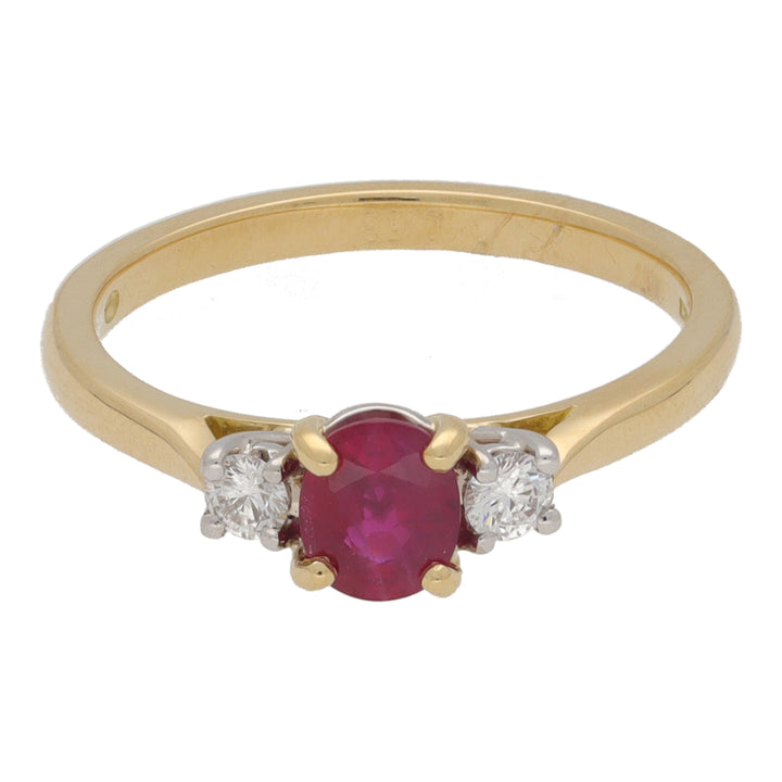 Ruby and Diamond Oval Three Stone 18ct Yellow Gold Ring