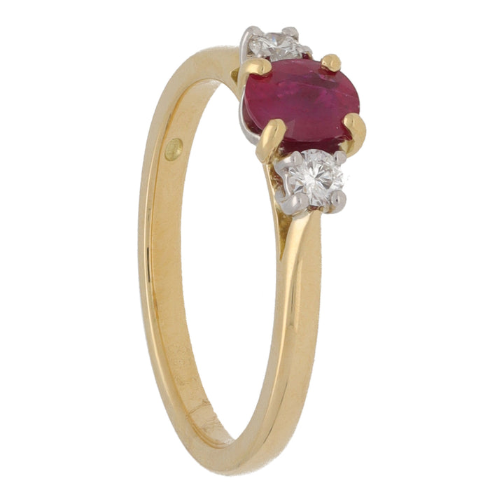 Ruby and Diamond Oval Three Stone 18ct Yellow Gold Ring