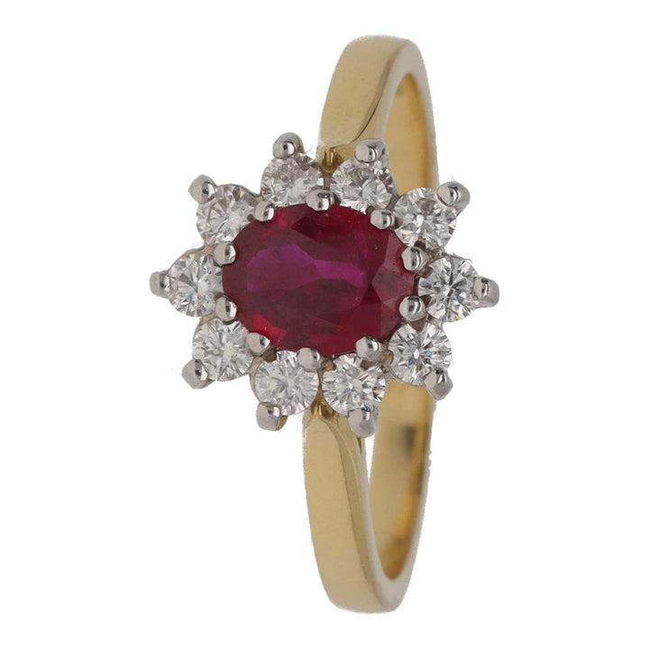 Ruby and Diamond 18ct Yellow Gold Oval Cluster Ring - Michael Jones Jeweller