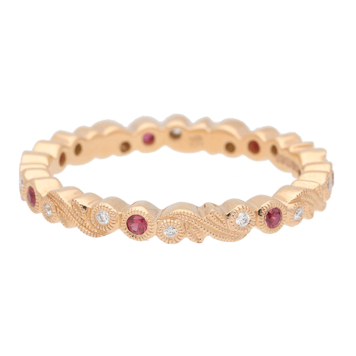 Ruby and Diamond 18ct Rose Gold Scroll Design Full Eternity Ring