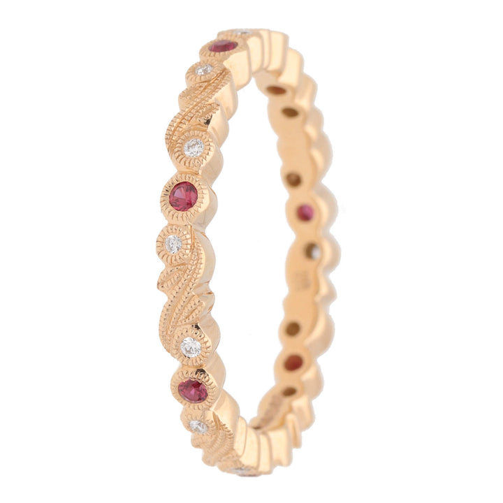 Ruby and Diamond 18ct Rose Gold Scroll Design Full Eternity Ring