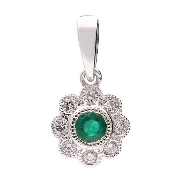 Emerald and Diamond 18ct White Gold Flower Cluster Pendant - Michael Jones Jeweller