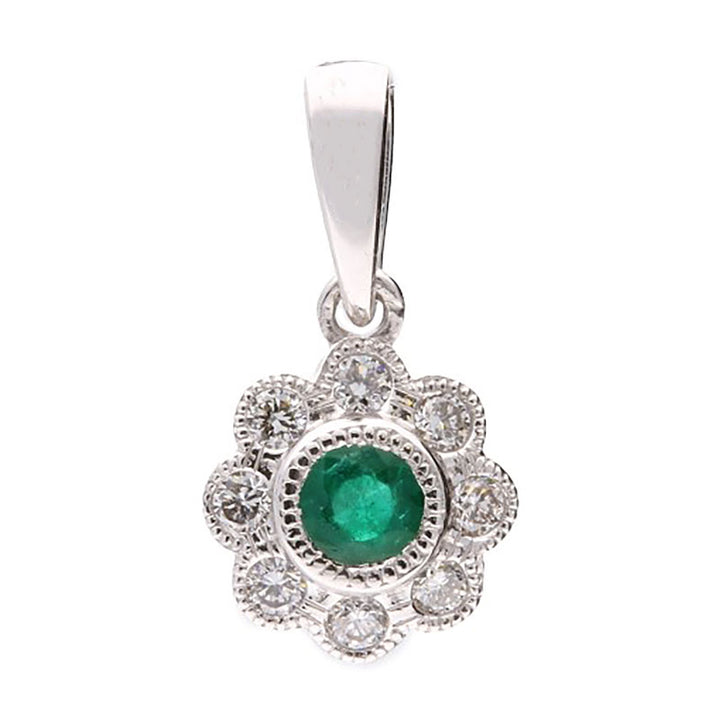 Emerald and Diamond 18ct White Gold Flower Cluster Pendant