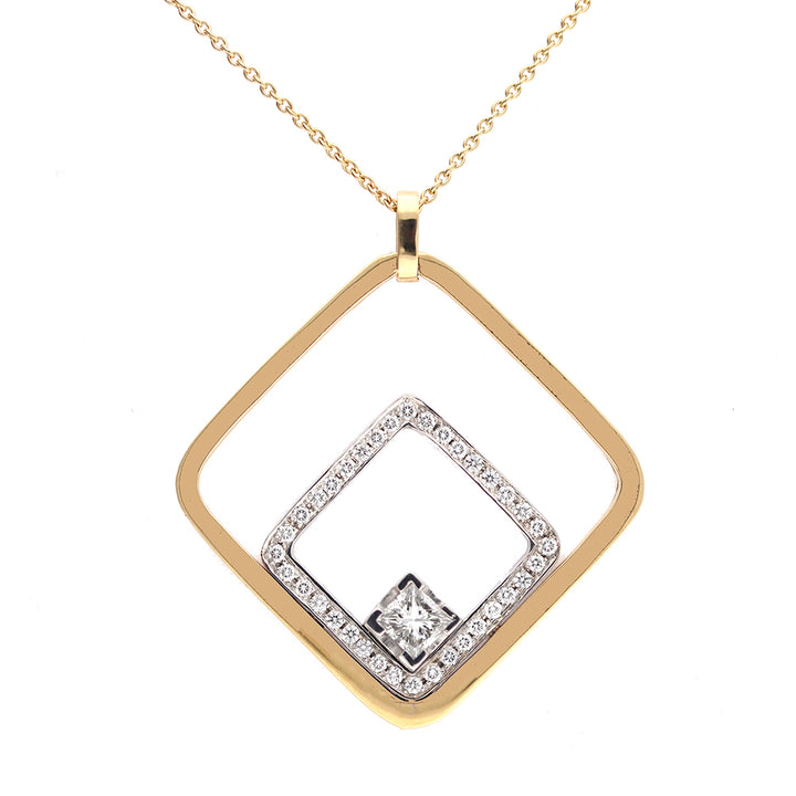 Diamond Princess Cut 18ct Yellow and White Gold Open Square Pendant