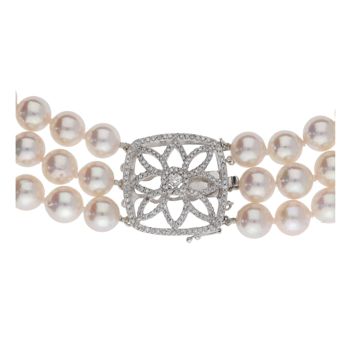 Cultured Pearl Necklet with Diamond Floral Clasp - Michael Jones Jeweller