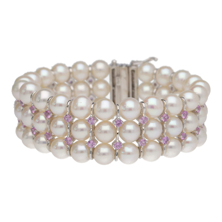 Pearl and Pink Sapphire Three Row 18ct White Gold Bracelet - Michael Jones Jeweller