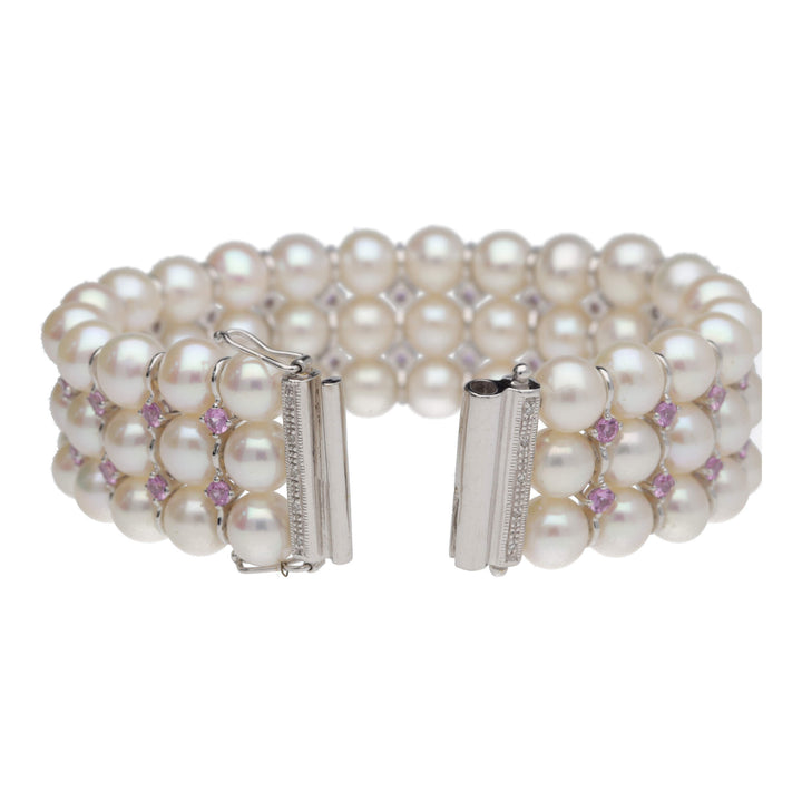 Pearl and Pink Sapphire Three Row 18ct White Gold Bracelet - Michael Jones Jeweller
