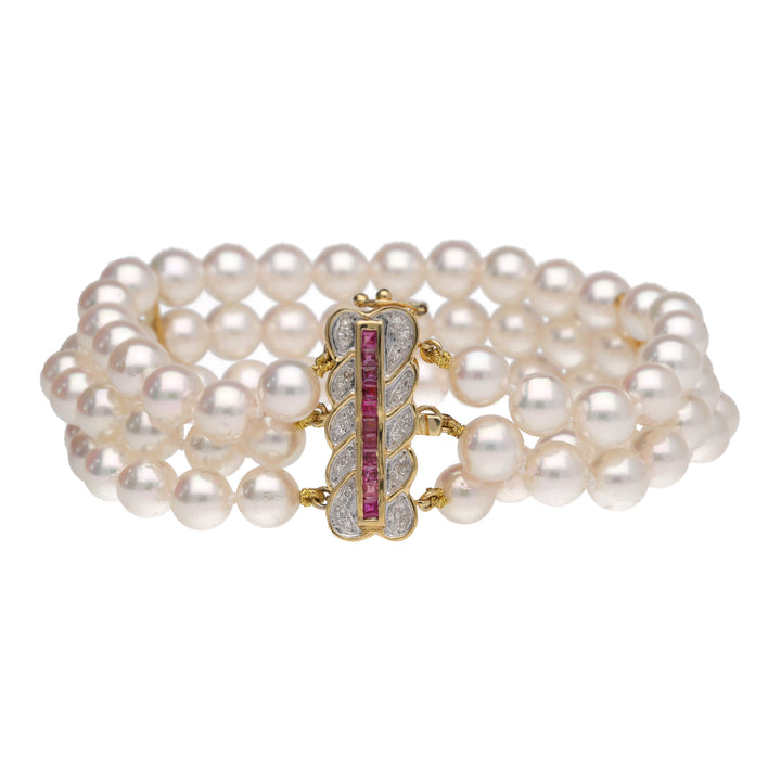 Ruby and Diamond Cultured Pearl Three Row 18ct Yellow Gold Bracelet - Michael Jones Jeweller