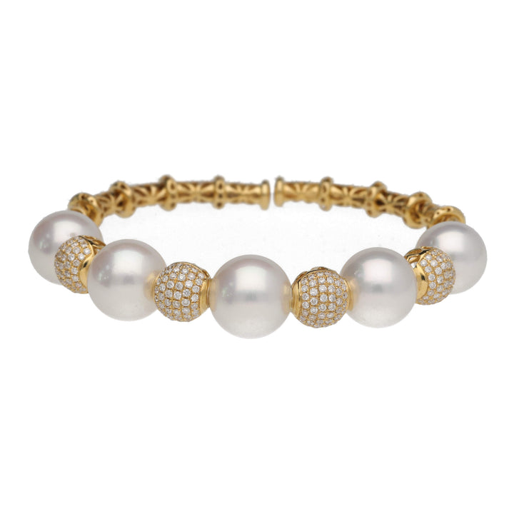 White South Sea Pearl and Diamond 18ct Yellow Gold Bangle - Michael Jones Jeweller