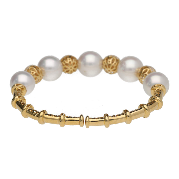 White South Sea Pearl and Diamond 18ct Yellow Gold Bangle - Michael Jones Jeweller
