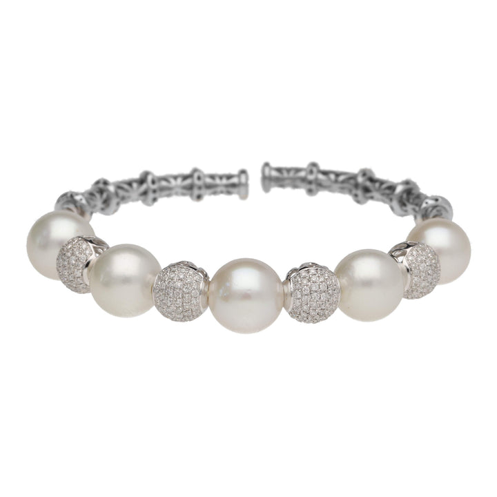 White South Sea Pearl and Diamond 18ct White Gold Bangle - Michael Jones Jeweller
