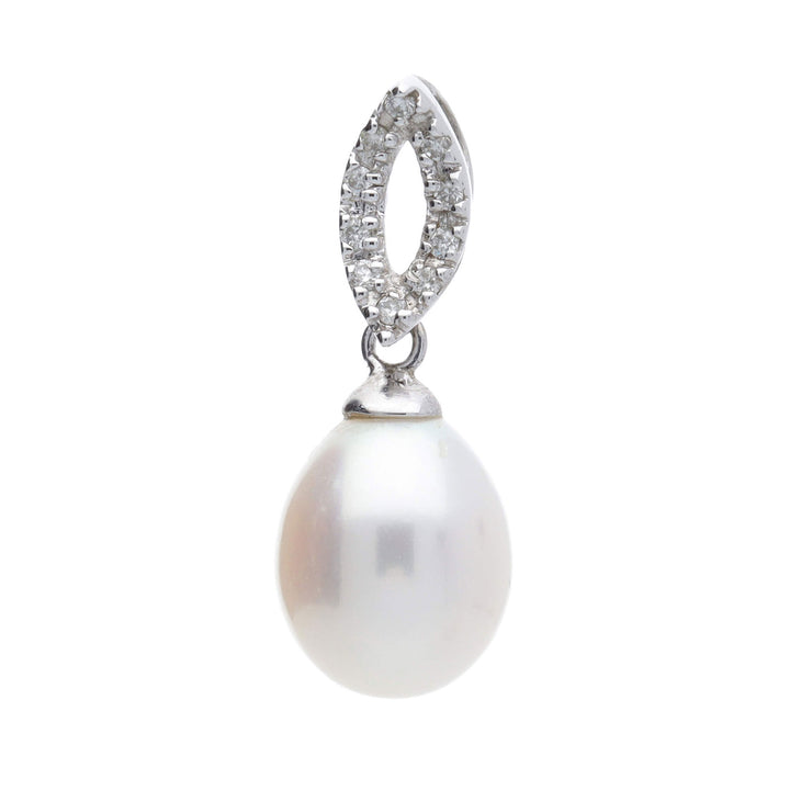 Freshwater Pearl and Diamond 9ct White Gold Marquise Pendant - Michael Jones Jeweller