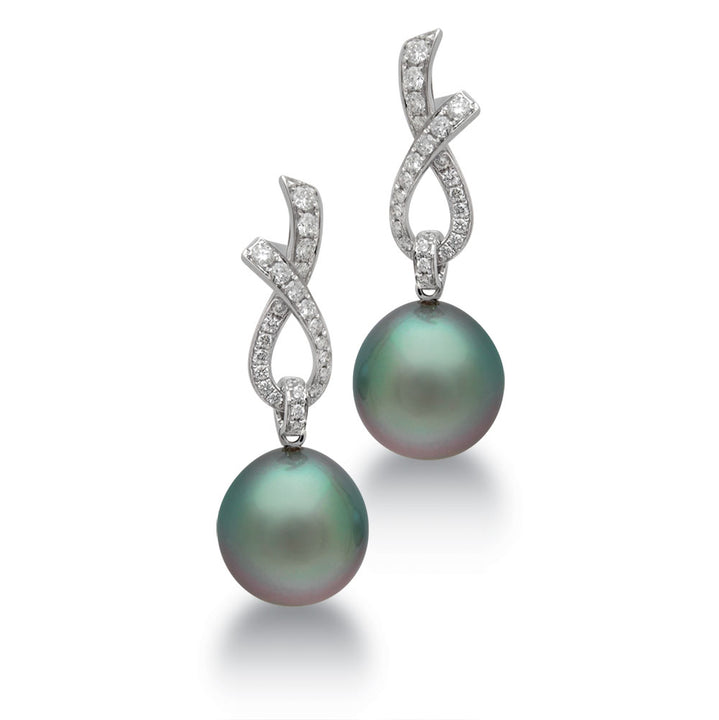 Tahitian Cultured Pearl and Diamond 18ct White Gold Drop Earrings - Michael Jones Jeweller
