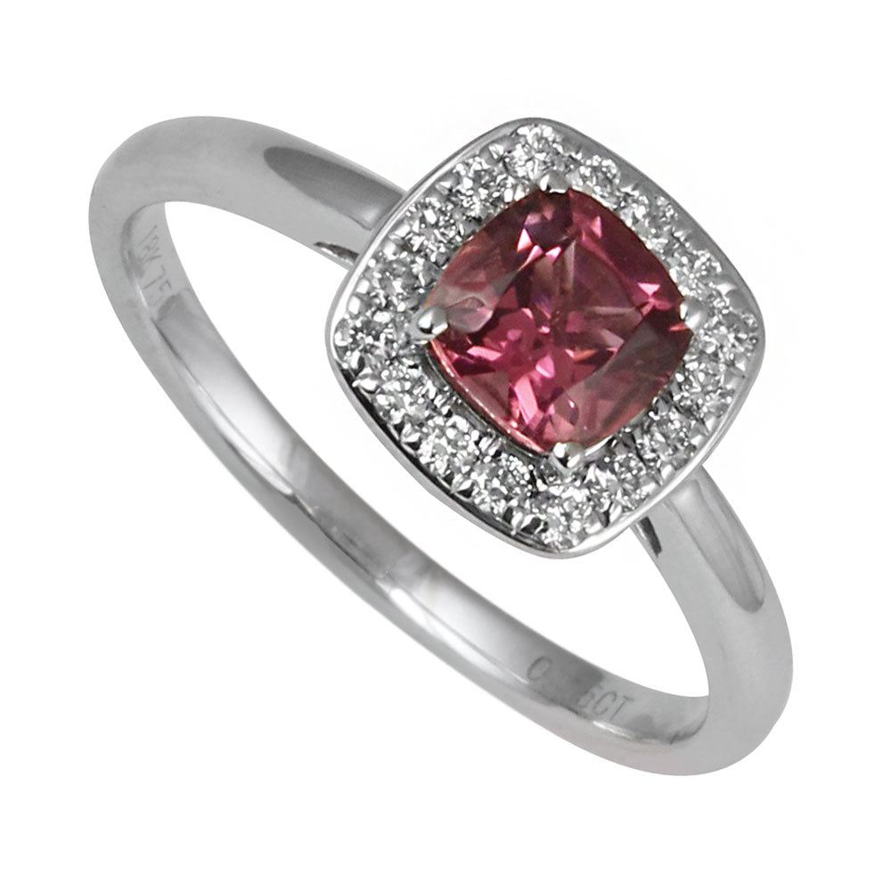 Rubellite and Diamond Cushion Cluster 18ct White Gold Ring - Michael Jones Jeweller