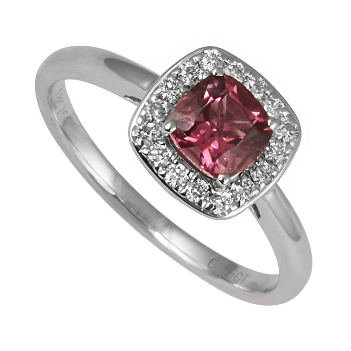 Rubellite and Diamond Cushion Cluster 18ct White Gold Ring
