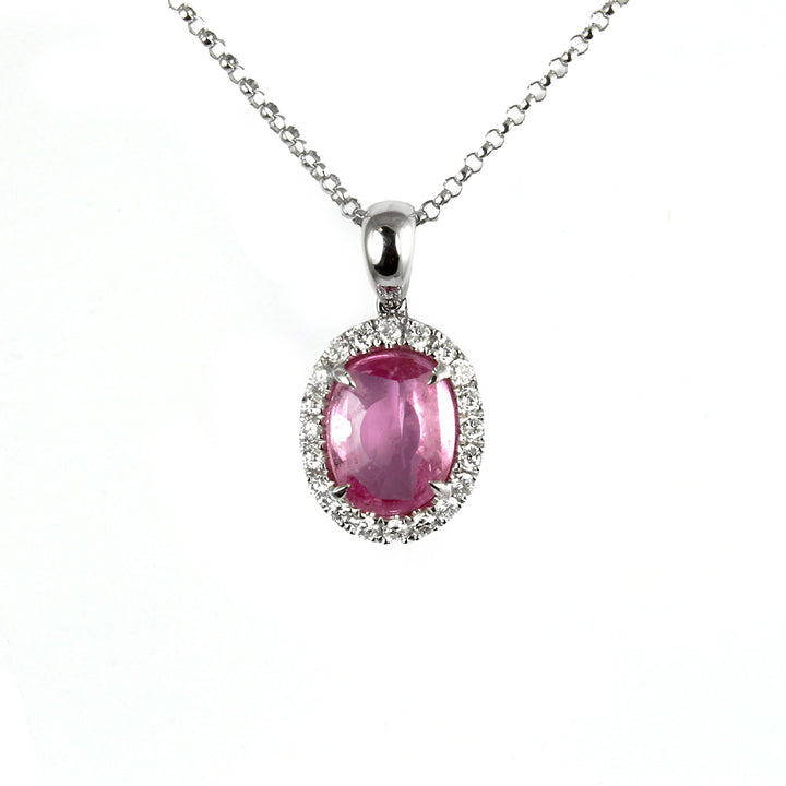 Pink Tourmaline and Diamond 18ct White Gold Oval Cluster Pendant