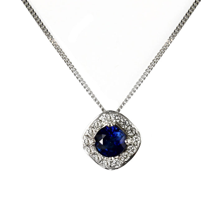 Blue Sapphire and Diamond Rhombus Shape Cluster Pendant