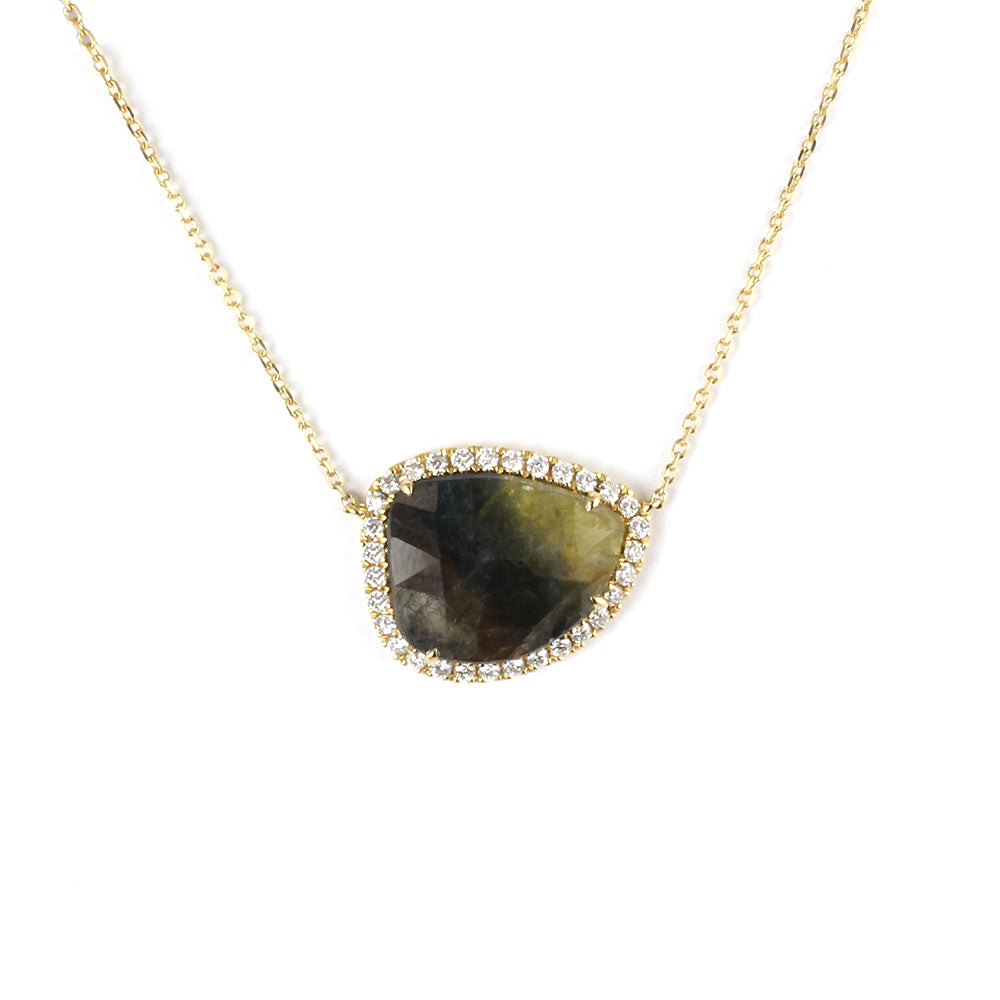 Bi Colour Sapphire and Diamond Fixed Slice Cluster 18ct Yellow Gold Necklace - Michael Jones Jeweller