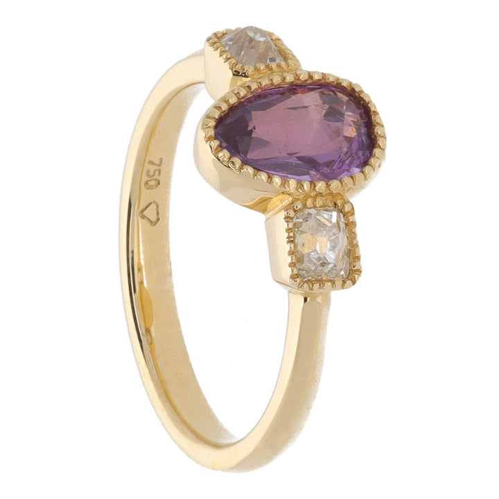 Mauve Sapphire and Diamond 18ct Yellow Gold Three Stone Ring
