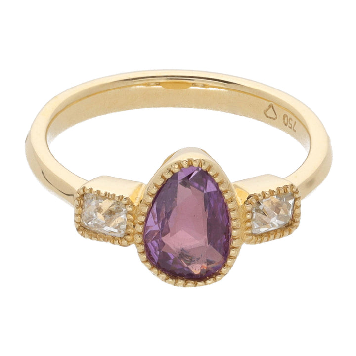Mauve Sapphire and Diamond 18ct Yellow Gold Three Stone Ring