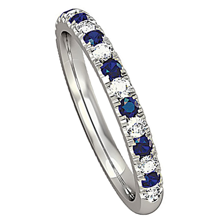 Blue Sapphire and Diamond Castle Set 18ct White Gold Half Eternity Ring - Michael Jones Jeweller