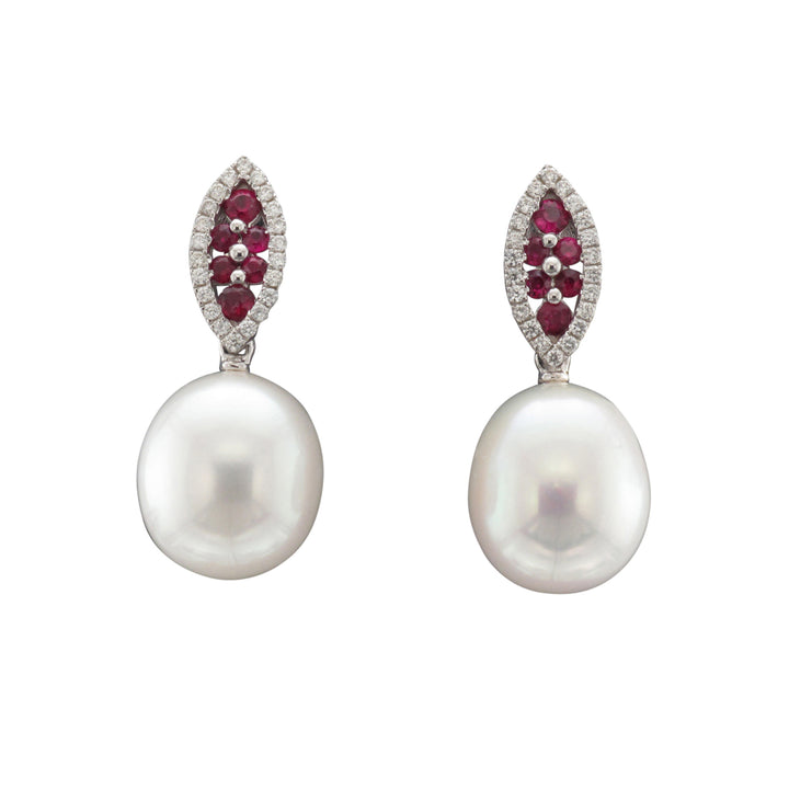 Ruby and Diamond Freshwater Pearl Drop Earrings - Michael Jones Jeweller