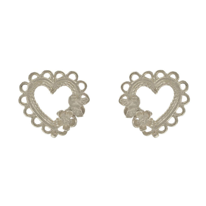 Alex Monroe Lace Edged Heart and Flower Stud Earrings