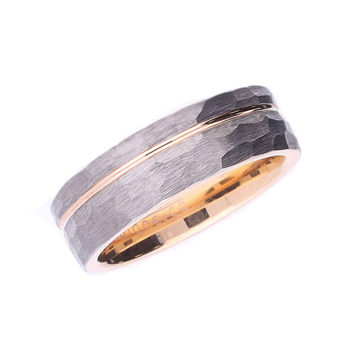 Unique & Co Stainless Steel and Rose Gold Plated Hammered Ring 7mm